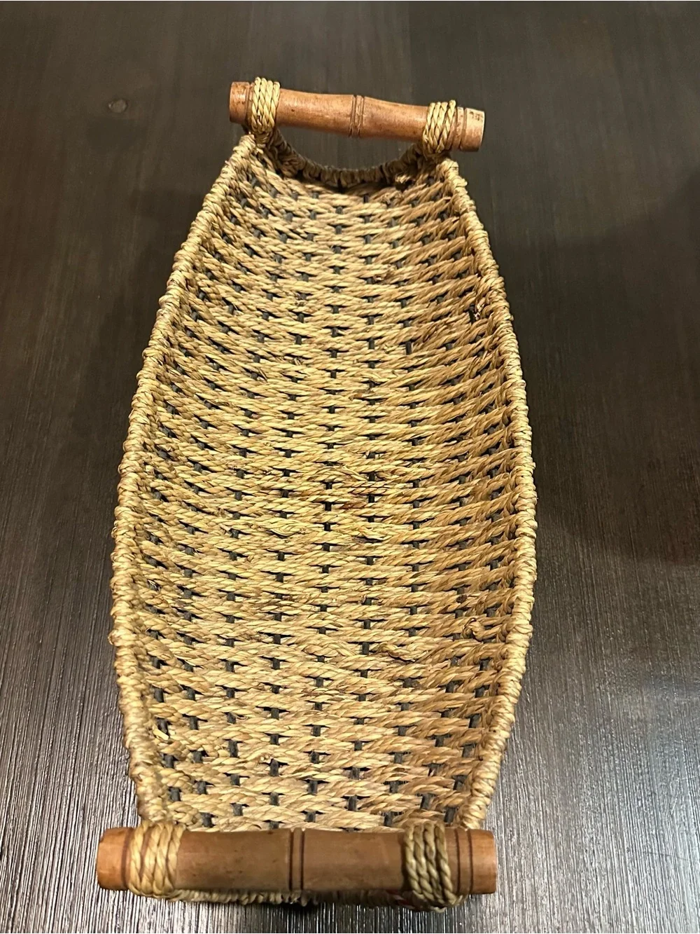 Vintage BURLINGTON BASKET CO Woven Gondola Boat Tray Wood Handles